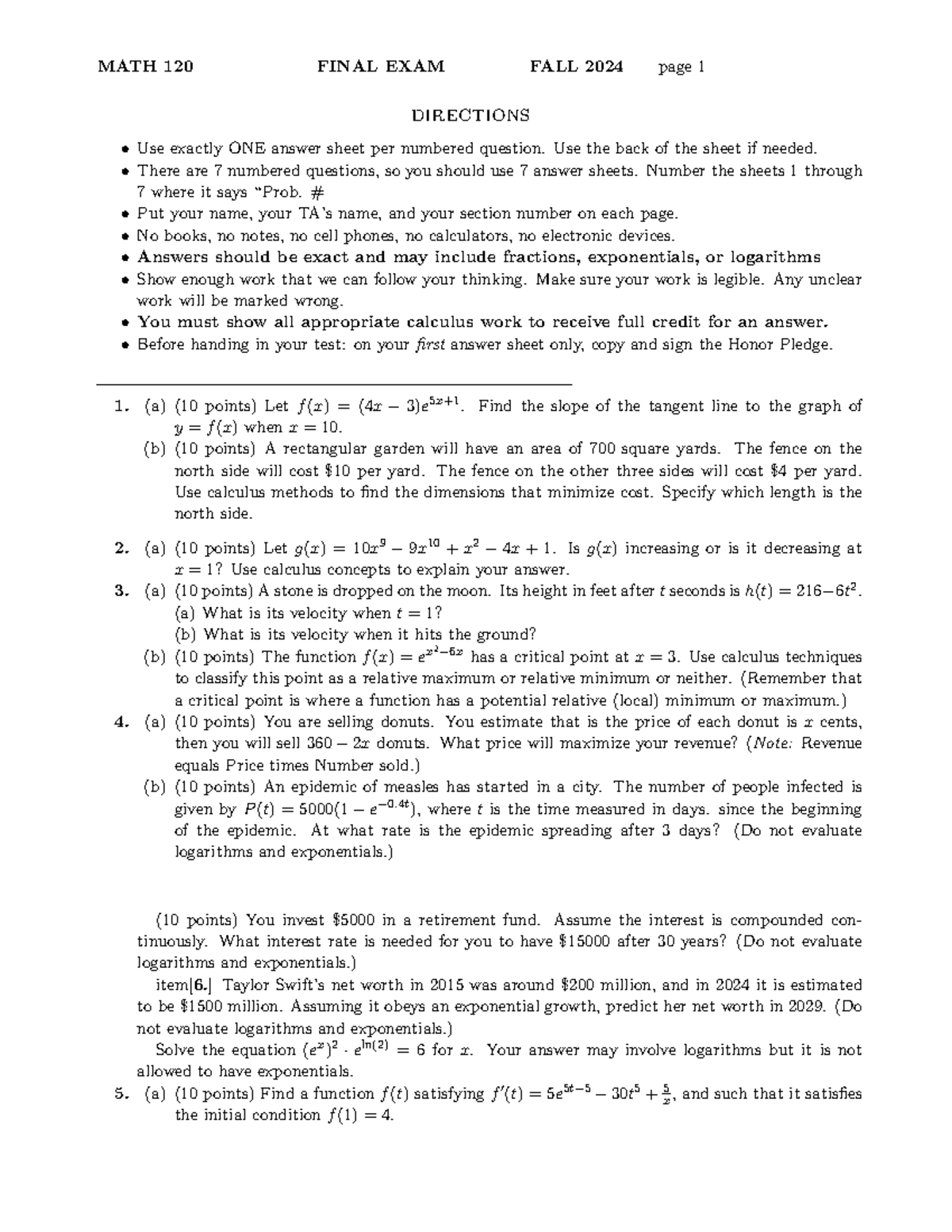 MATH 120 FALL 2024 FINAL EXAM INSTRUCTIONS & QUESTIONS - Studocu