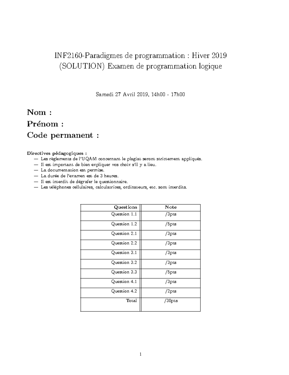 Examen de Programmation Logique Hiver 2019 (SOLUTION) - Studocu