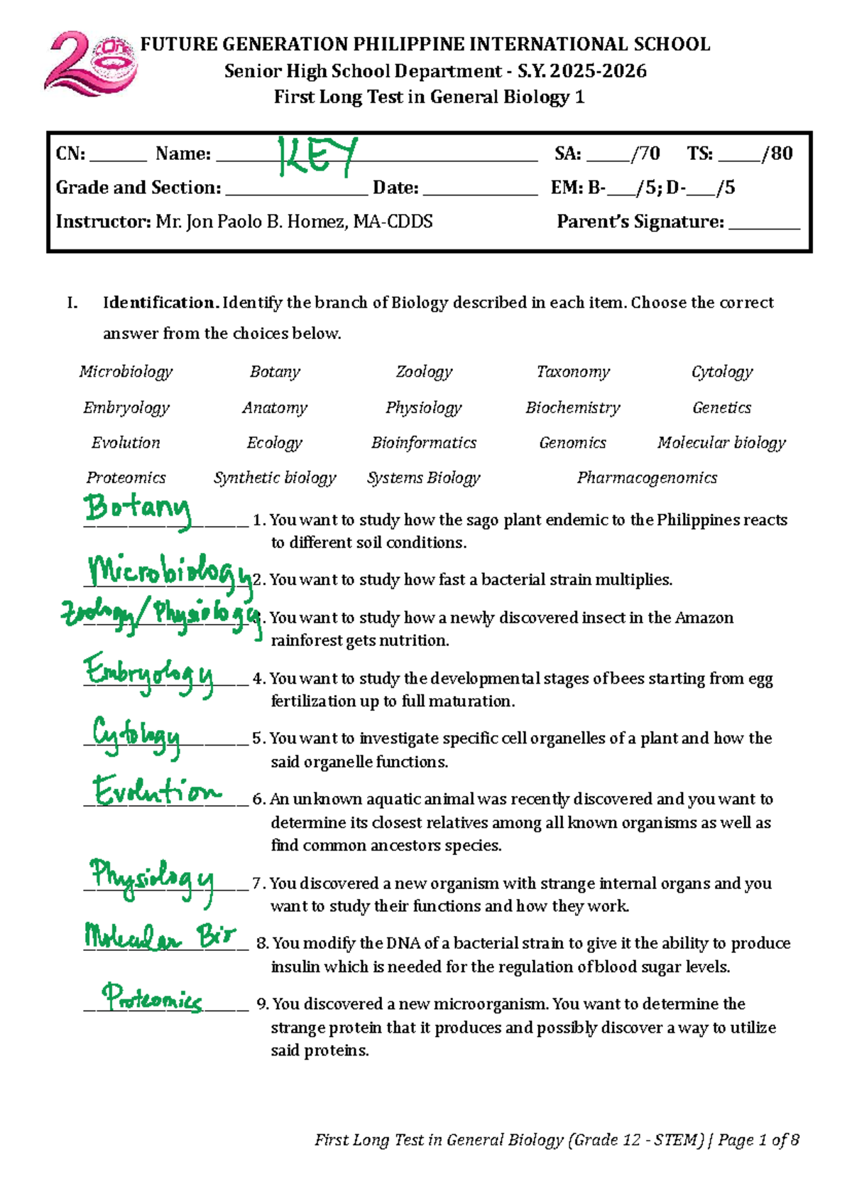 First Long Test in General Biology 1 (Grade 12 STEM) - Studocu