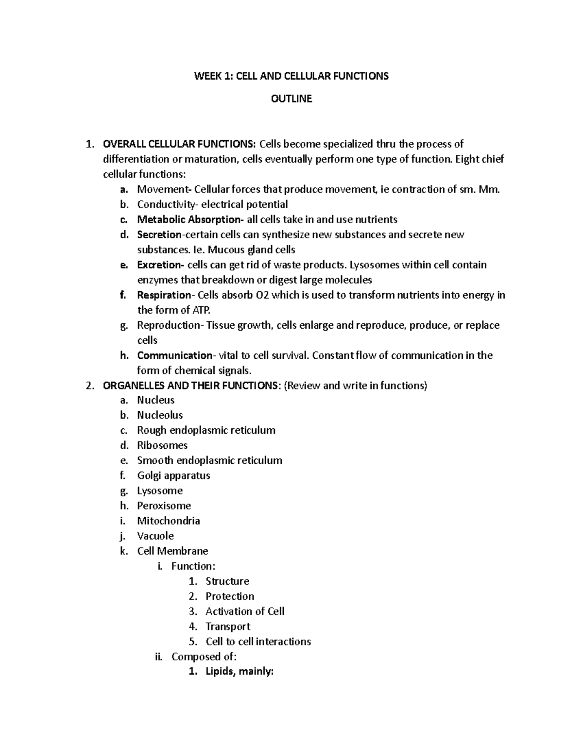 Week 1 - Cellular Functions and Structures - Lecture Outline - Studocu