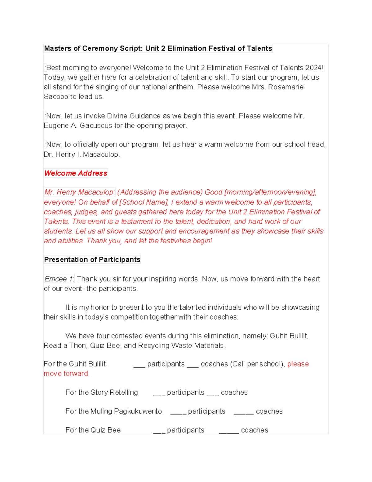 Coronation Script for Mr. & Ms. Pata Integrated School 2023 - Studocu