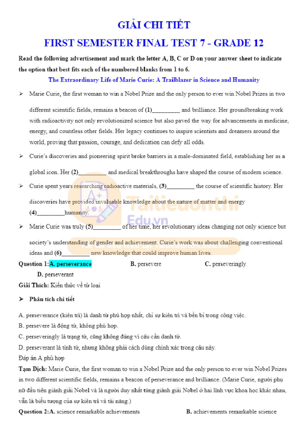 First Semester Final Exam TEST 7 - Grade 12 - 2025 - Comprehensive ...