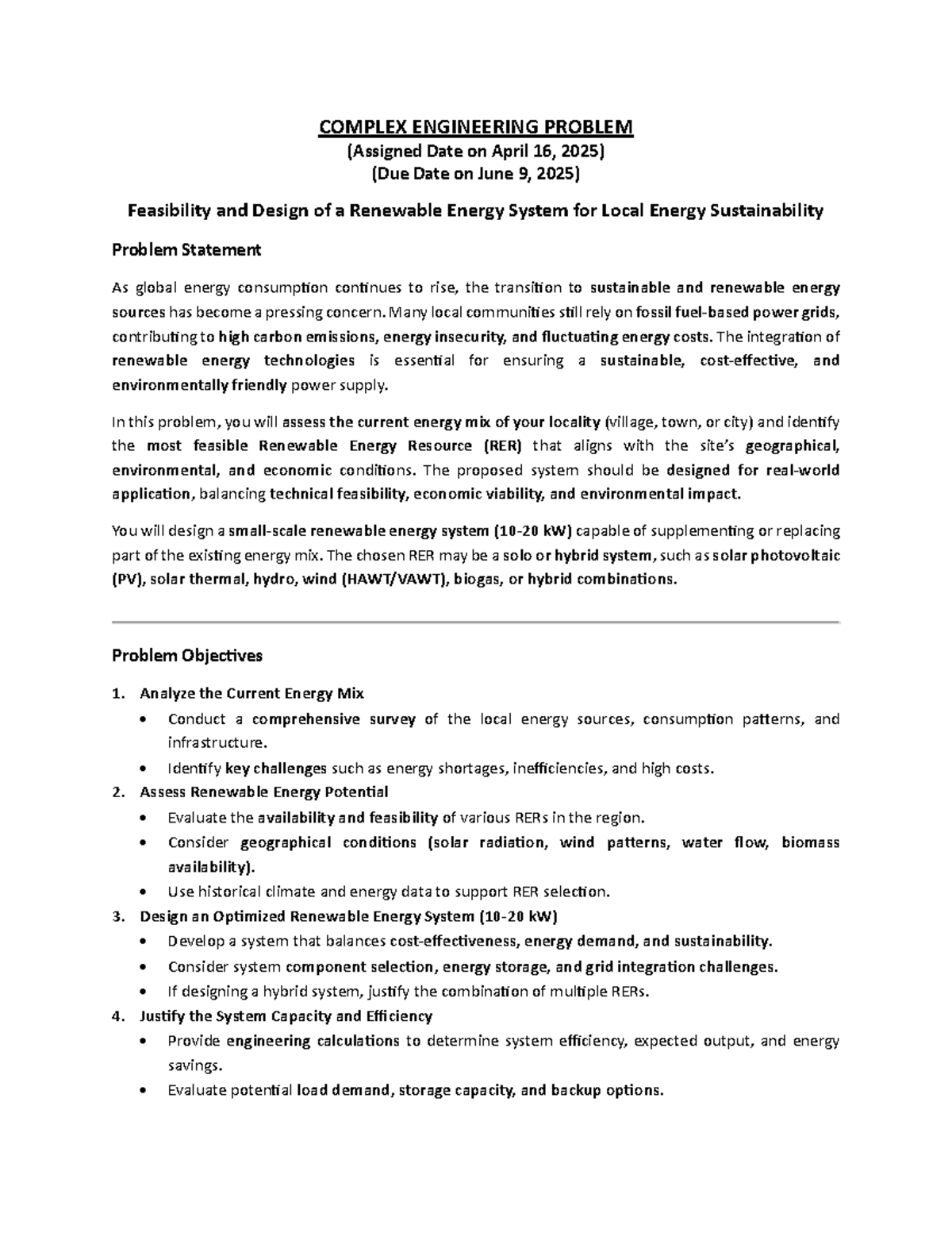 CEP (Complex Engineering Problem) Spring 2025: Renewable Energy System ...