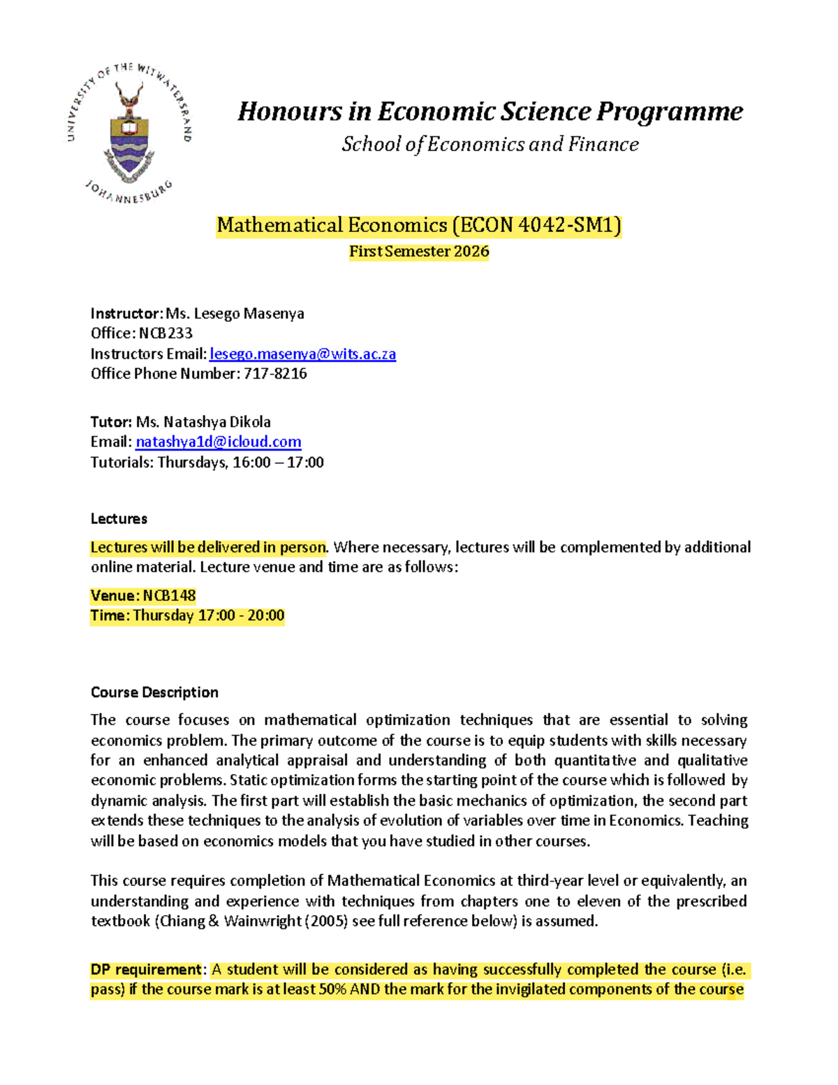 ECON4042 Mathematical Economics Course Overview for 2026 - Studocu