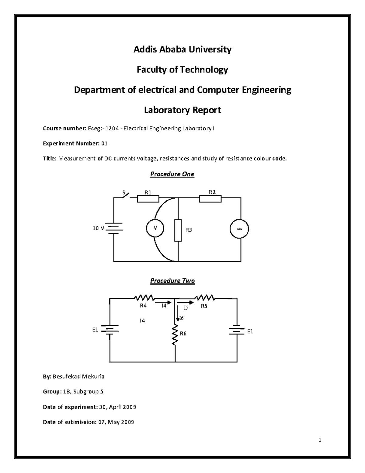 Lab Report 1: Measurement of DC Currents & Resistance (Eceg-1204) - Studocu