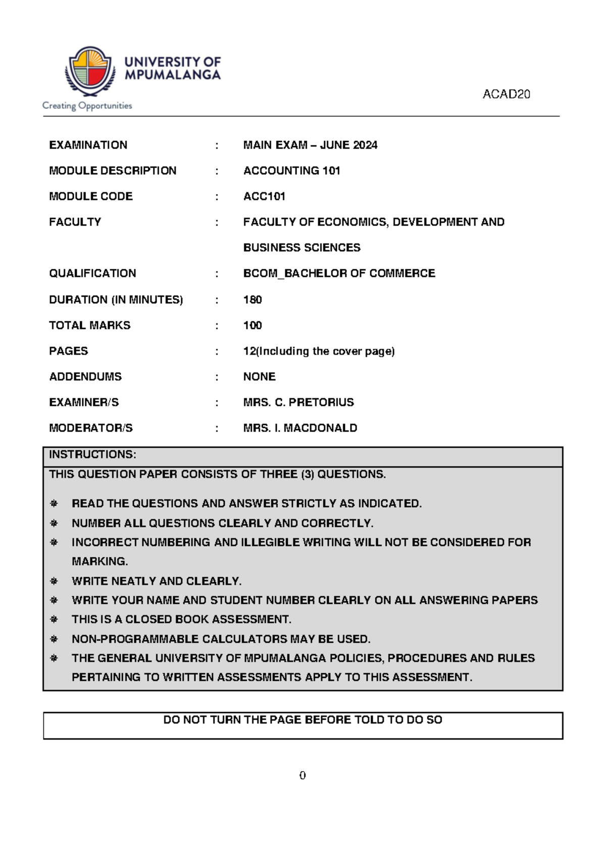 ACAD20 FINAL EXAM JUNE 2024: ACCOUNTING 101 (ACC101) - Studocu