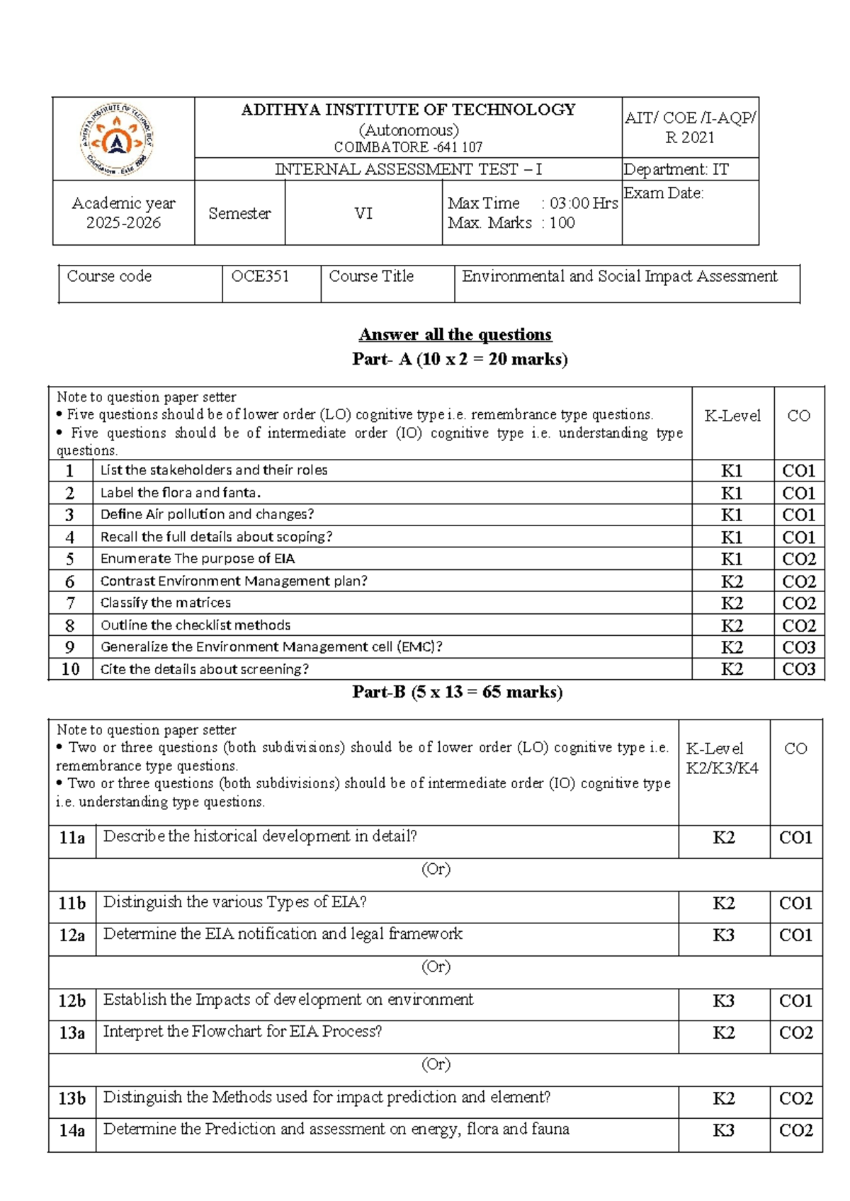 OCE351 VI Internal Assessment Test I: Environmental & Social Impact ...