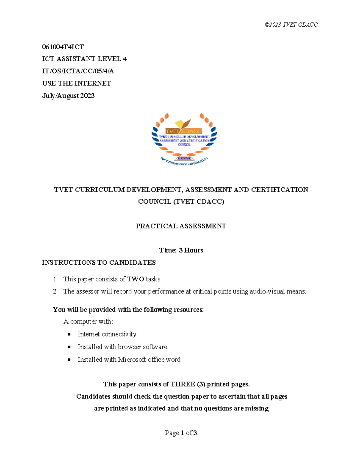 TVET CDACC 061004T4ICT ICT Assistant Level 4 Internet Practical 2023 ...