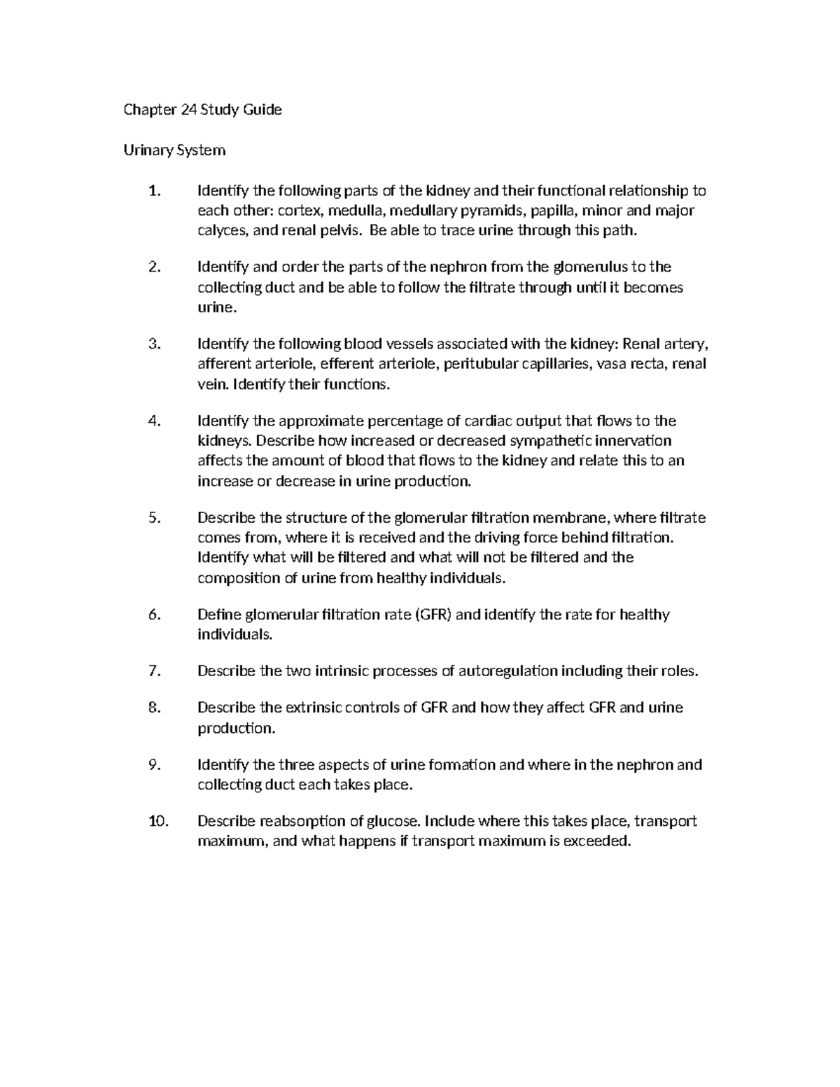 Urinary System Chapter 24 Study Guide (Part 1) - Studocu