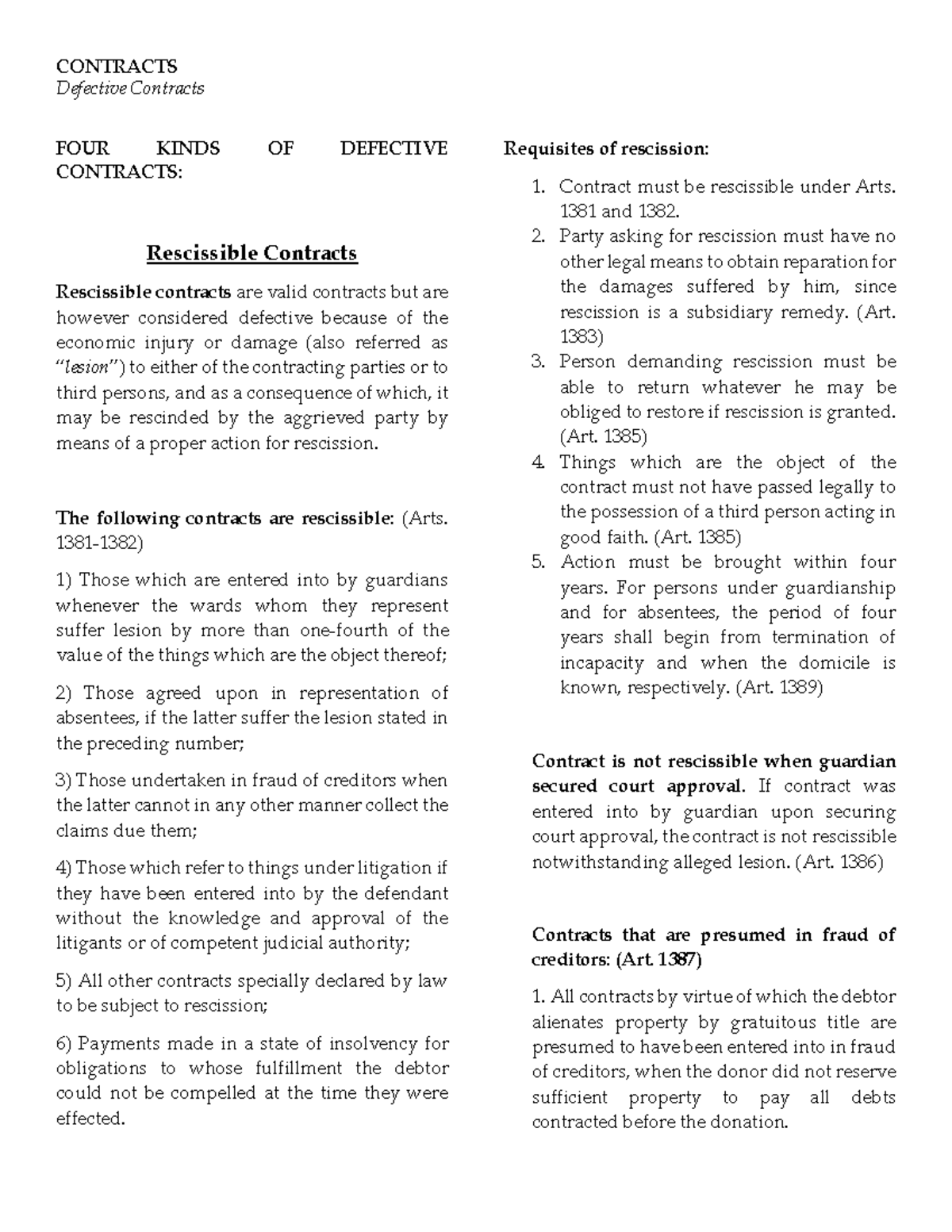 CONTRACTS 101: Understanding Defective Contracts and Rescission - Studocu
