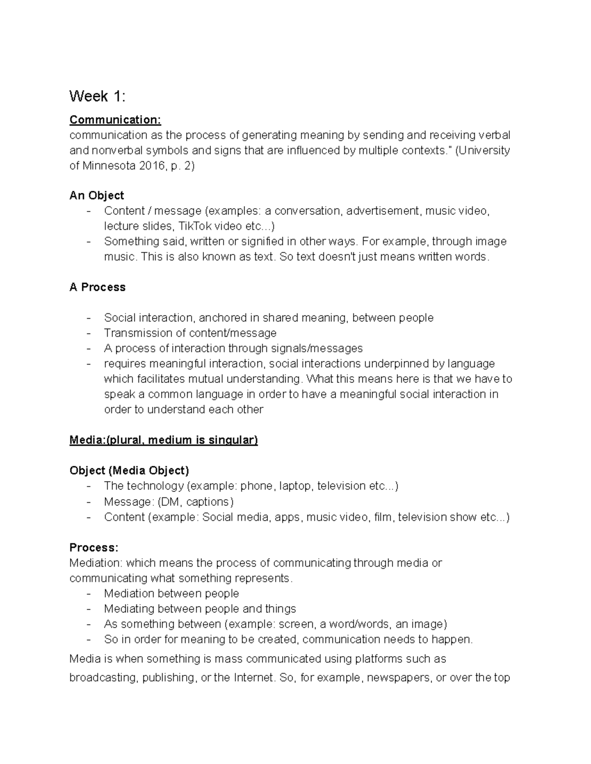 NM1101E notes - Week 1: Communication: communication as the process of ...