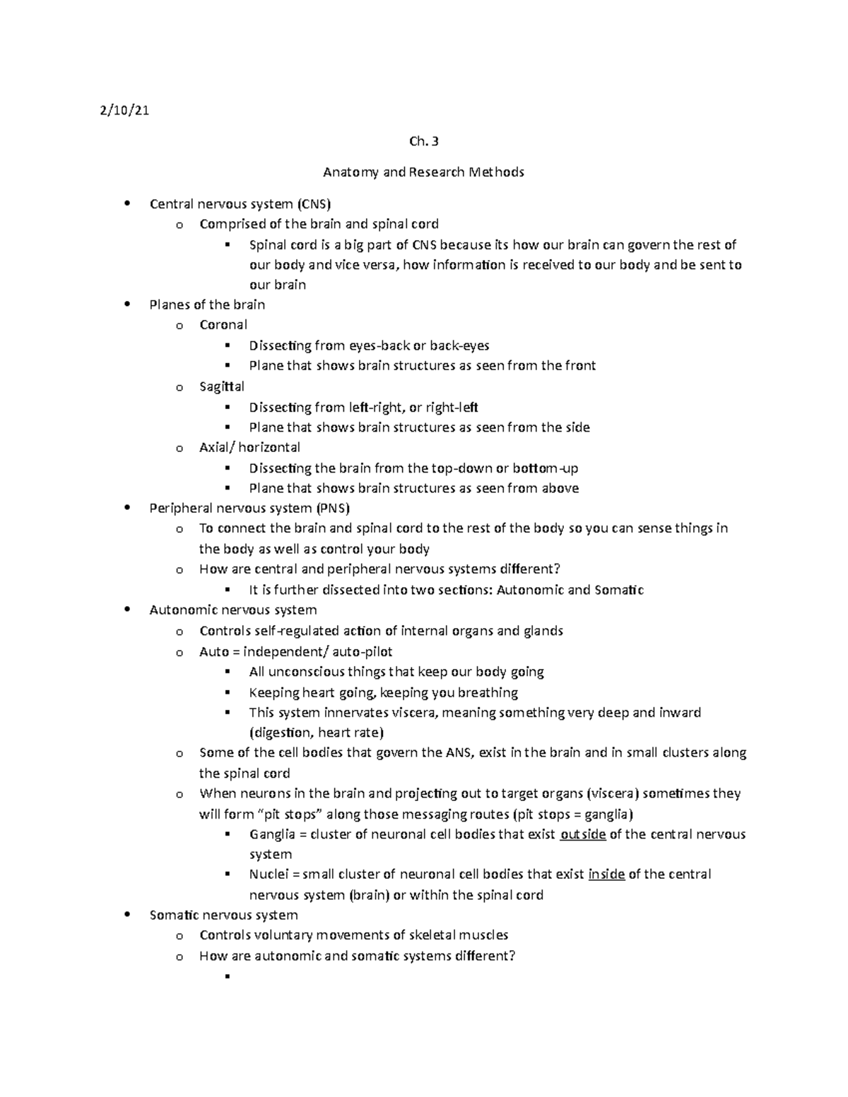 Biopsych 101 Ch. 3 - Lecture Notes on Brain Anatomy & Functions - Studocu