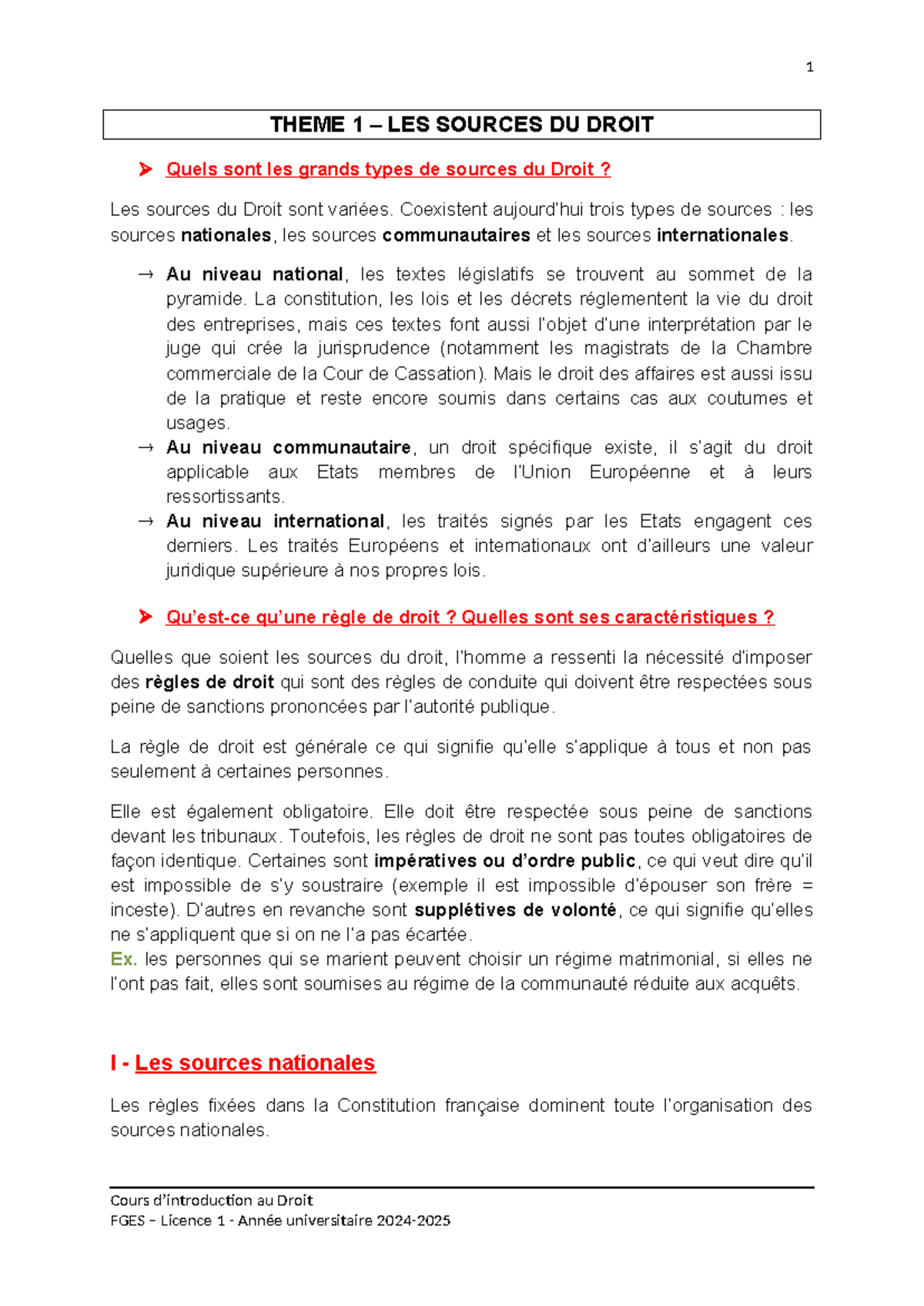 Theme 1: Les Sources du Droit - Cours FGES Licence 1 - Studocu