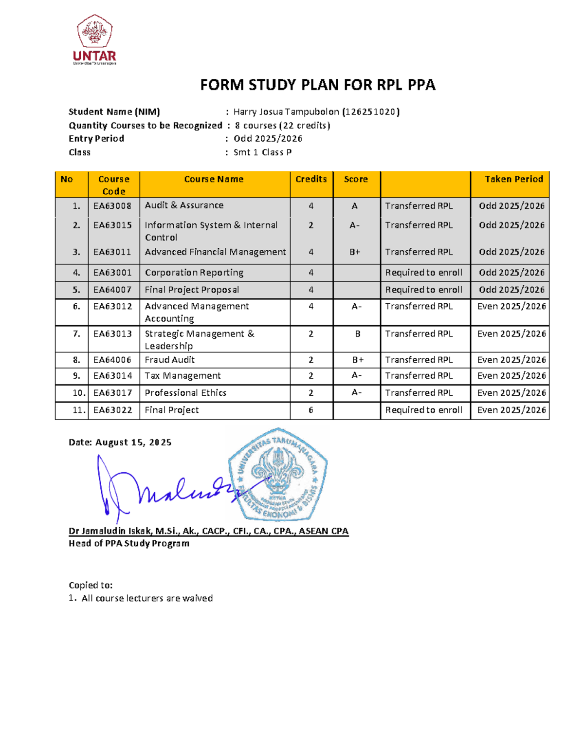 Study Plan for RPL PPA - Harry Josua Tampubolon (126251020) - Studocu