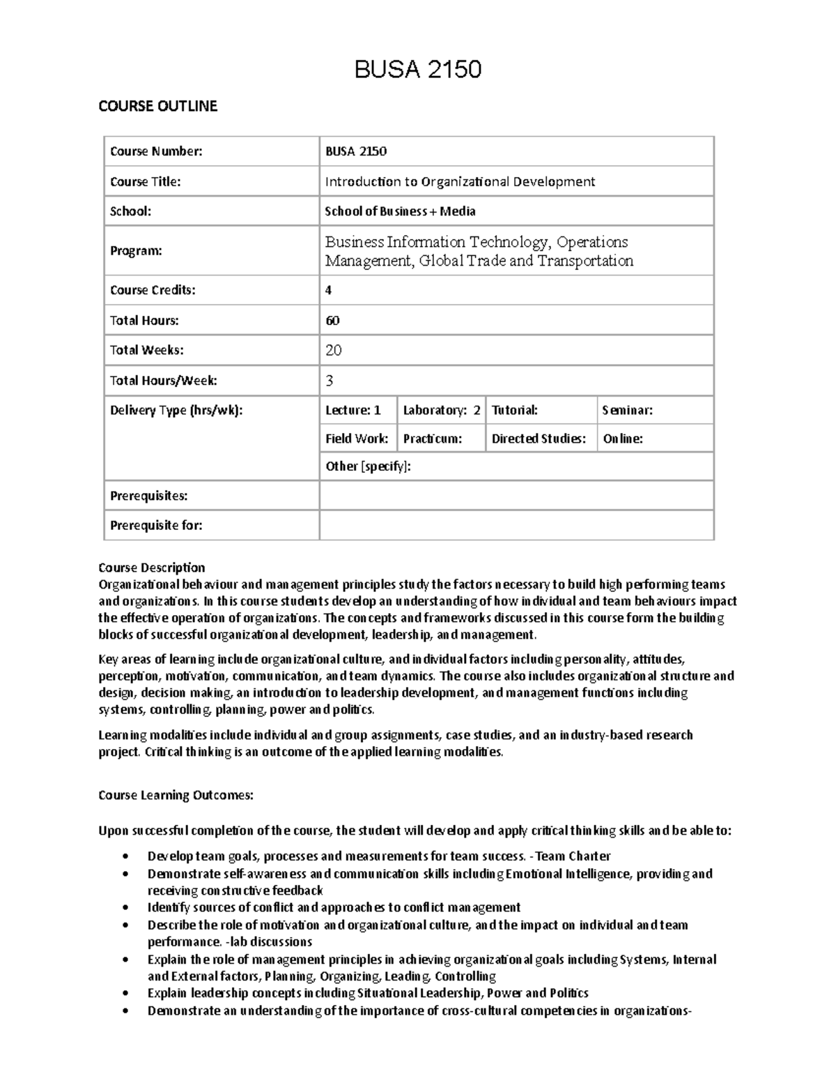 BUSA 2150 Course Outline: Introduction to Organizational Development ...