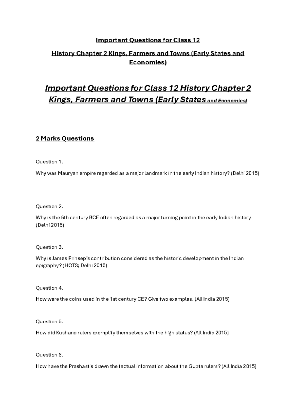 Important Qs for Class 12 History: Ch 2 Kings, Farmers & Towns - Studocu
