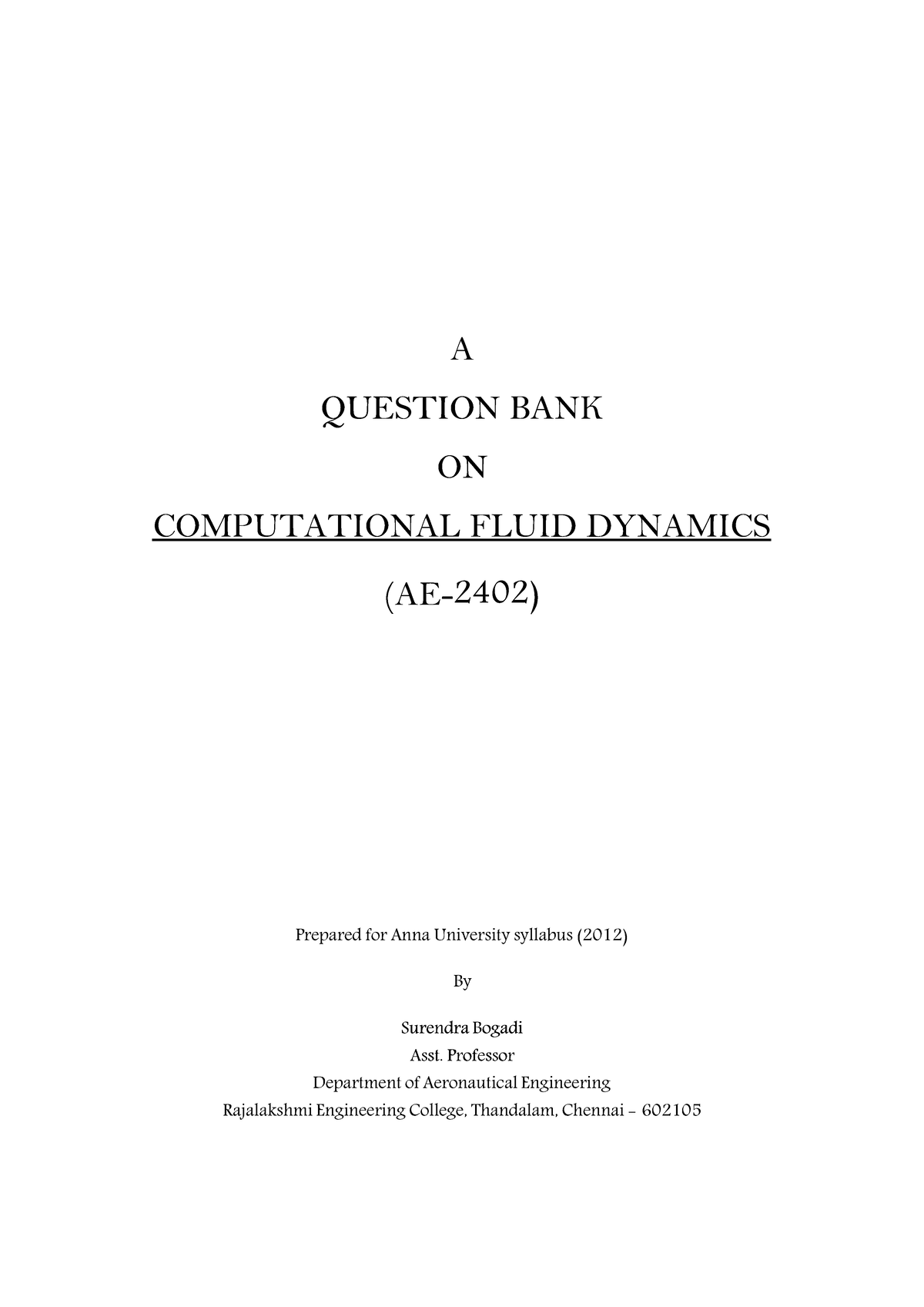 Computational Fluid Dynamics question bank - fluid mechanics - Studocu