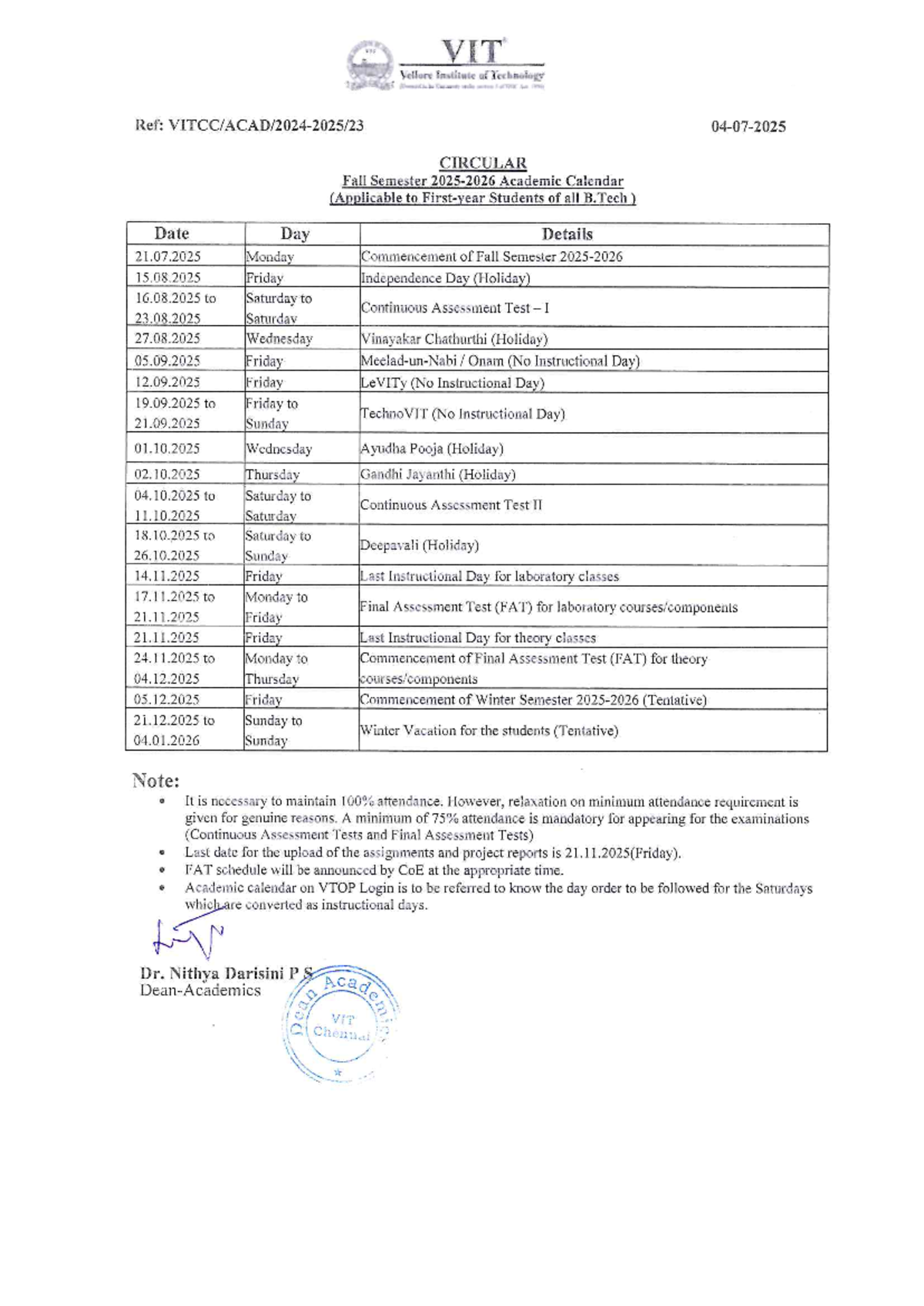 23. Fall Semester 2025-2026 Academic Calendar for B.Tech First Years ...