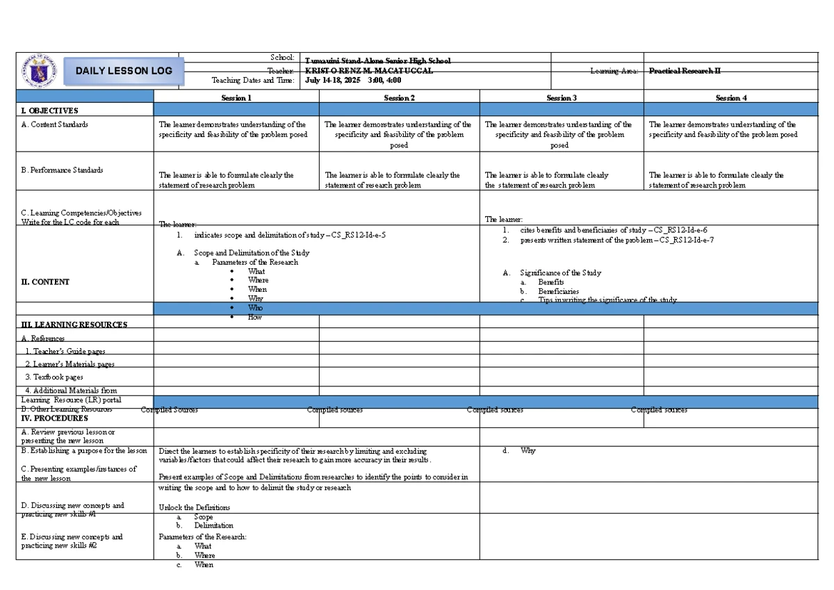 Practical Research II Daily Lesson Log (Week 5) - NEIL JOHN M. DE VERA ...