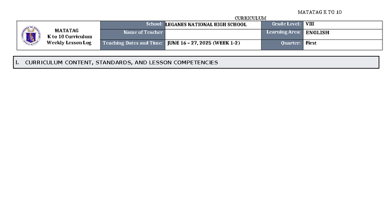 DLL Matatag K to 10 English 8 Weekly Lesson Log Q1 W1-2 - Studocu