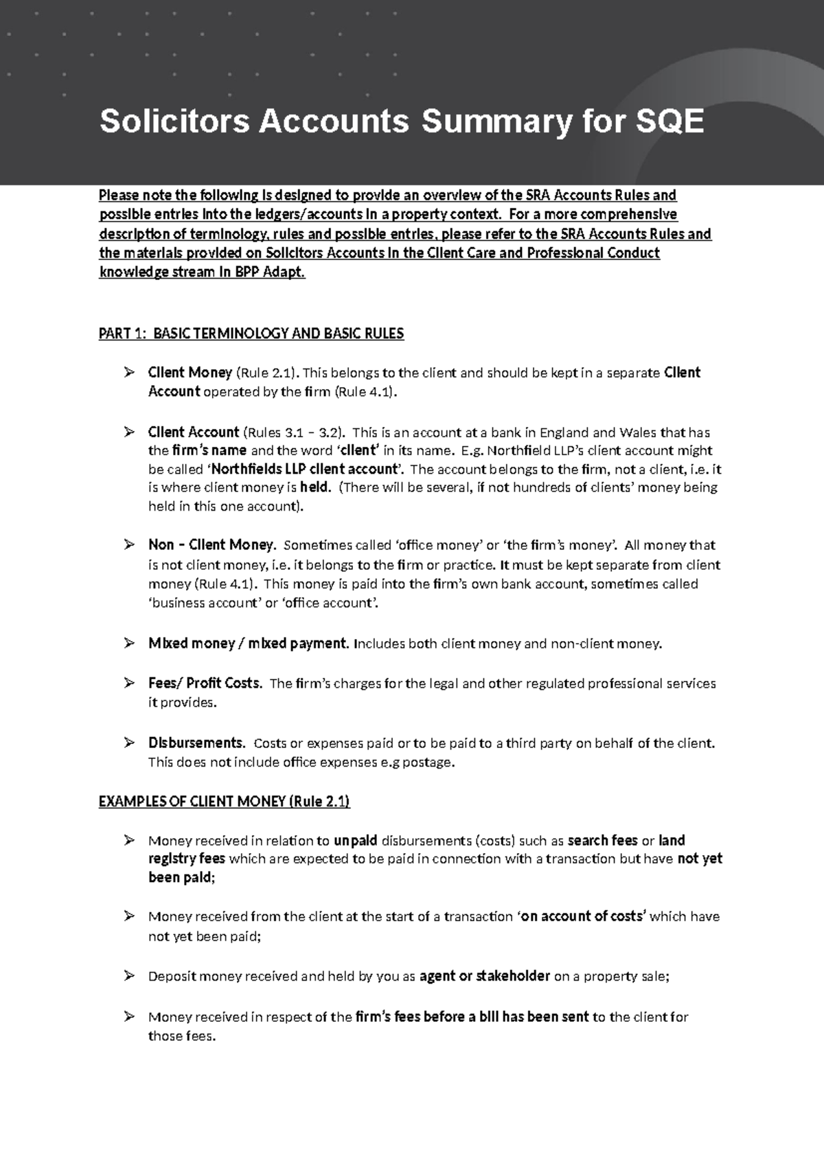Solicitors Accounts Overview Cheat Sheet for SQE - Studocu
