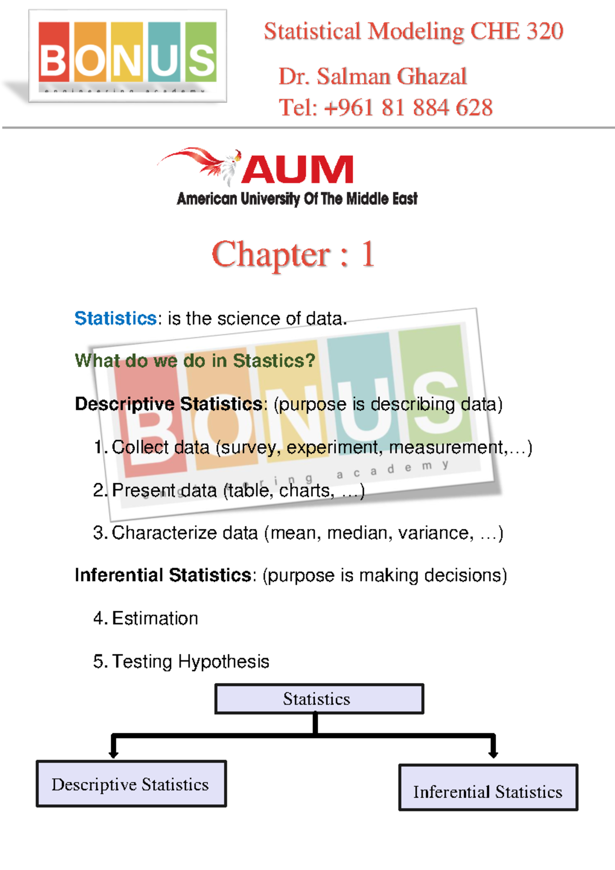 CHE 320: Chapter 1 - Introduction to Statistics and Key Concepts - Studocu