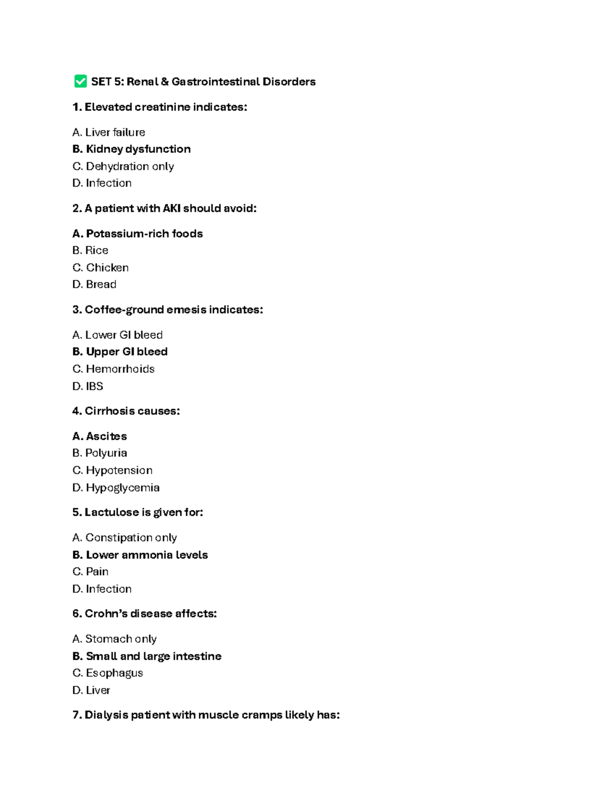 Med Surg 1 Review 5: Renal & GI Disorders Practice Questions - Studocu