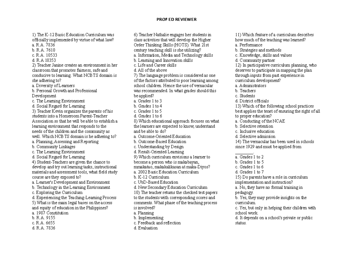 PROF ED K-12 Curriculum Reviewer and Study Guide - Studocu