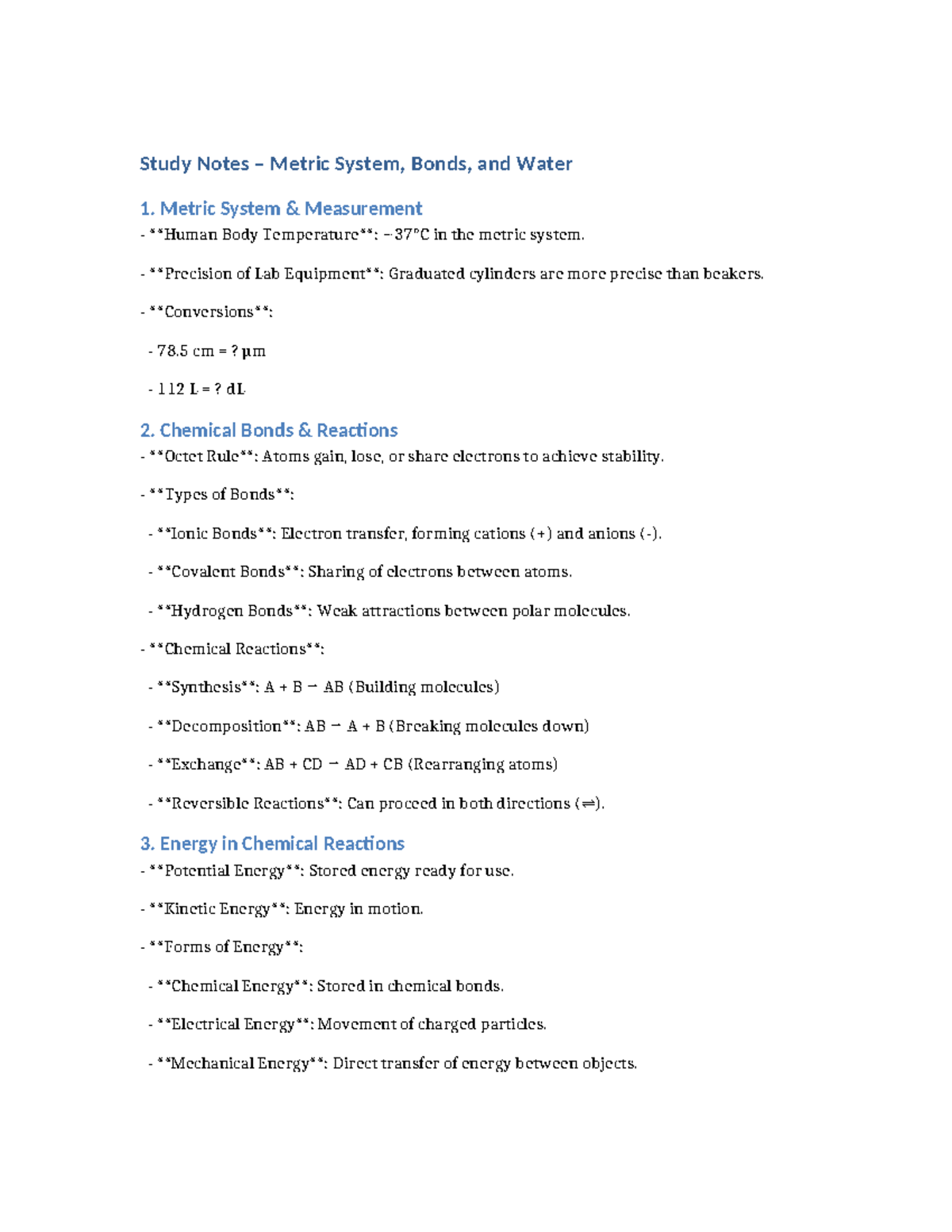 Study Notes: Metric System, Chemical Bonds, and Water Properties ...