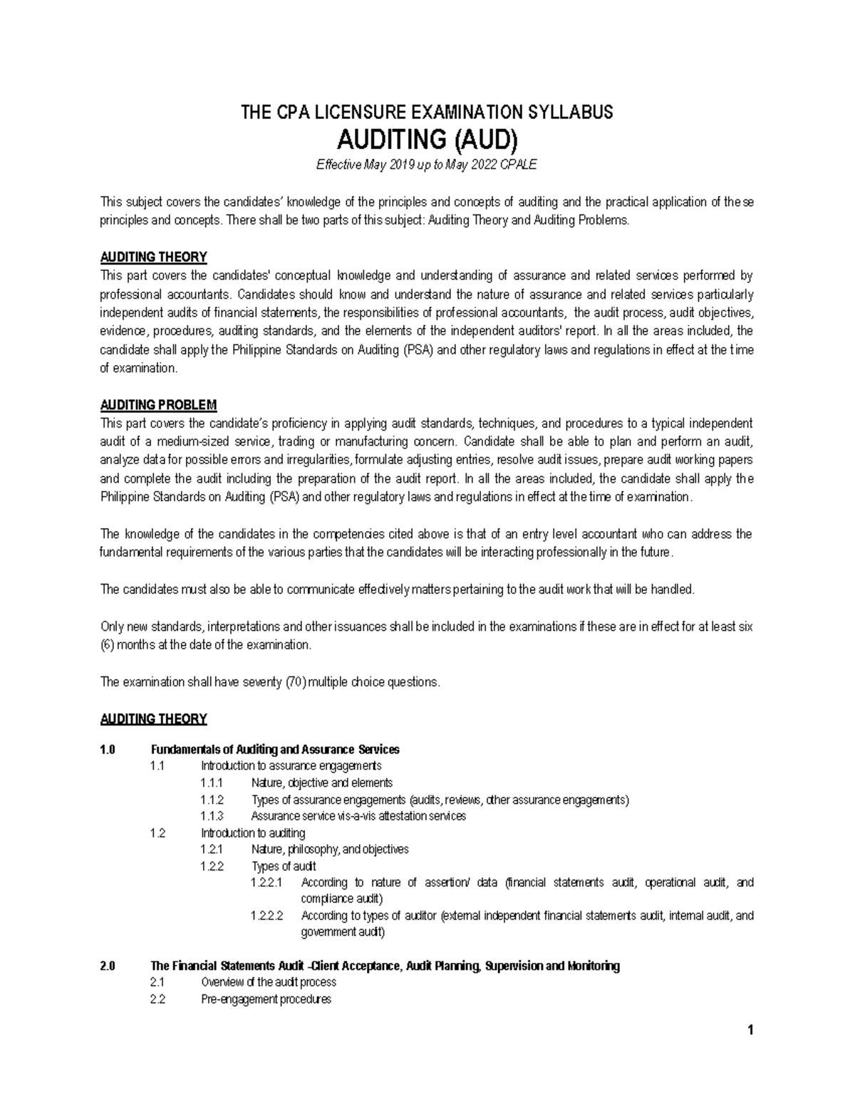 AUD Syllabus (May 2022 CPALE) - CPA Licensure Exam in AUDITING - Studocu