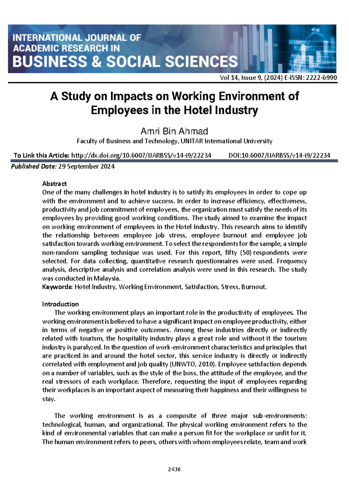 A Study on Employee Working Environment Impacts in Hotel Industry (BUS ...