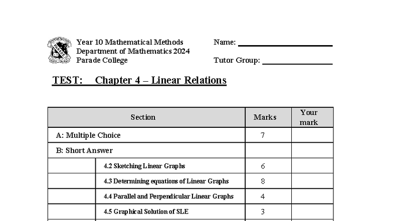 2024 Yr 10 Mathematical Methods Test: Chapter 4 Linear Relations - Studocu