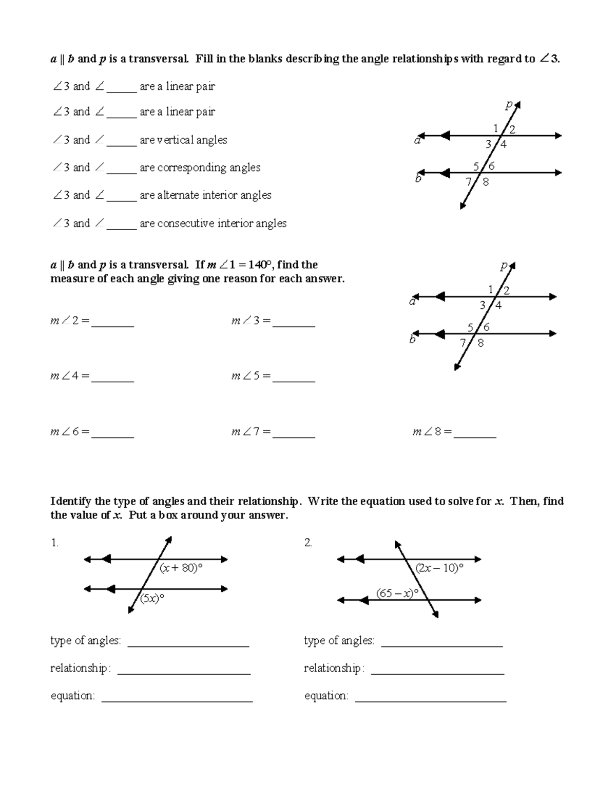 Parallel Lines Cut By Transversal - Angle Relationships and Measures ...