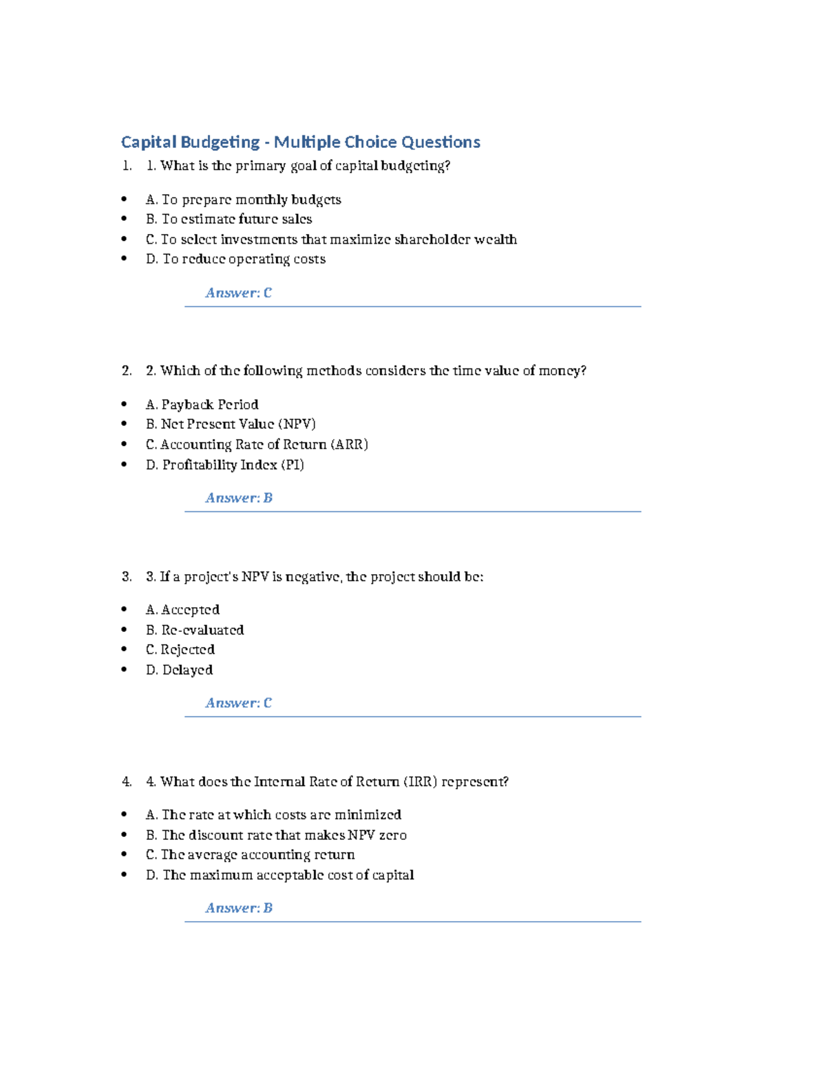 Capital Budgeting MCQ - Key Concepts and Questions for Success - Studocu