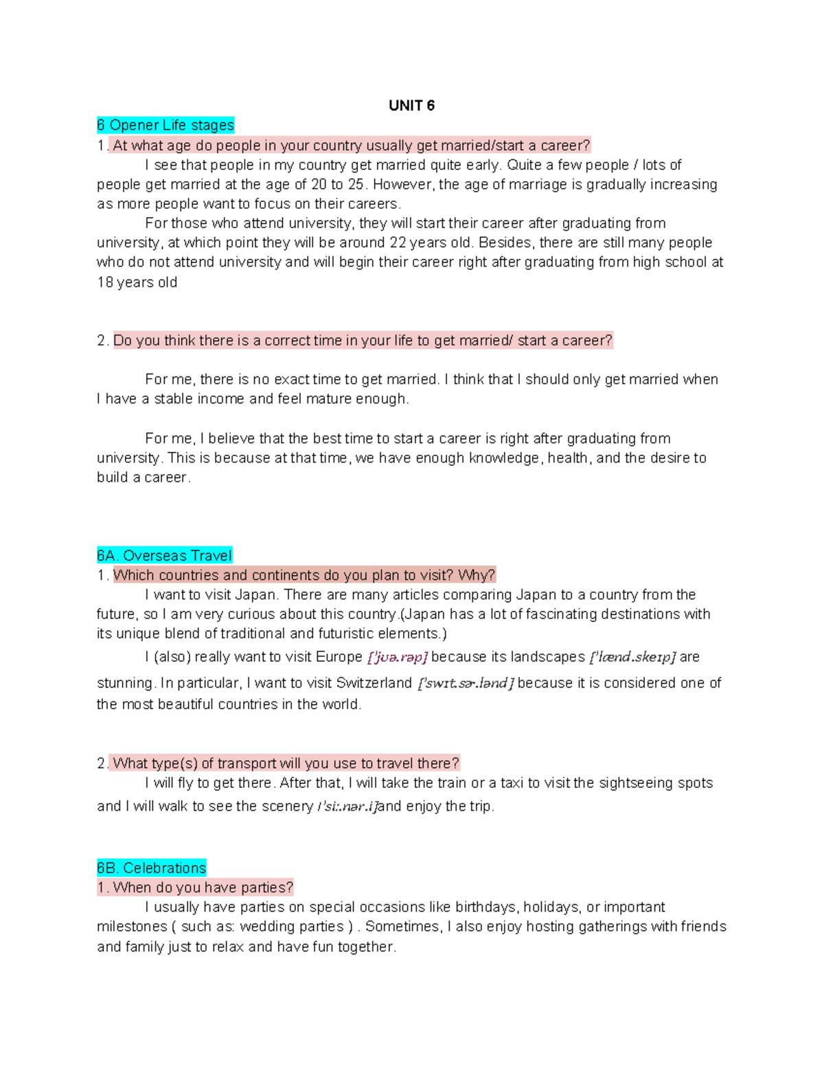 UNIT 6 - Speaking Questions with Answers for Speaking Practice - Studocu