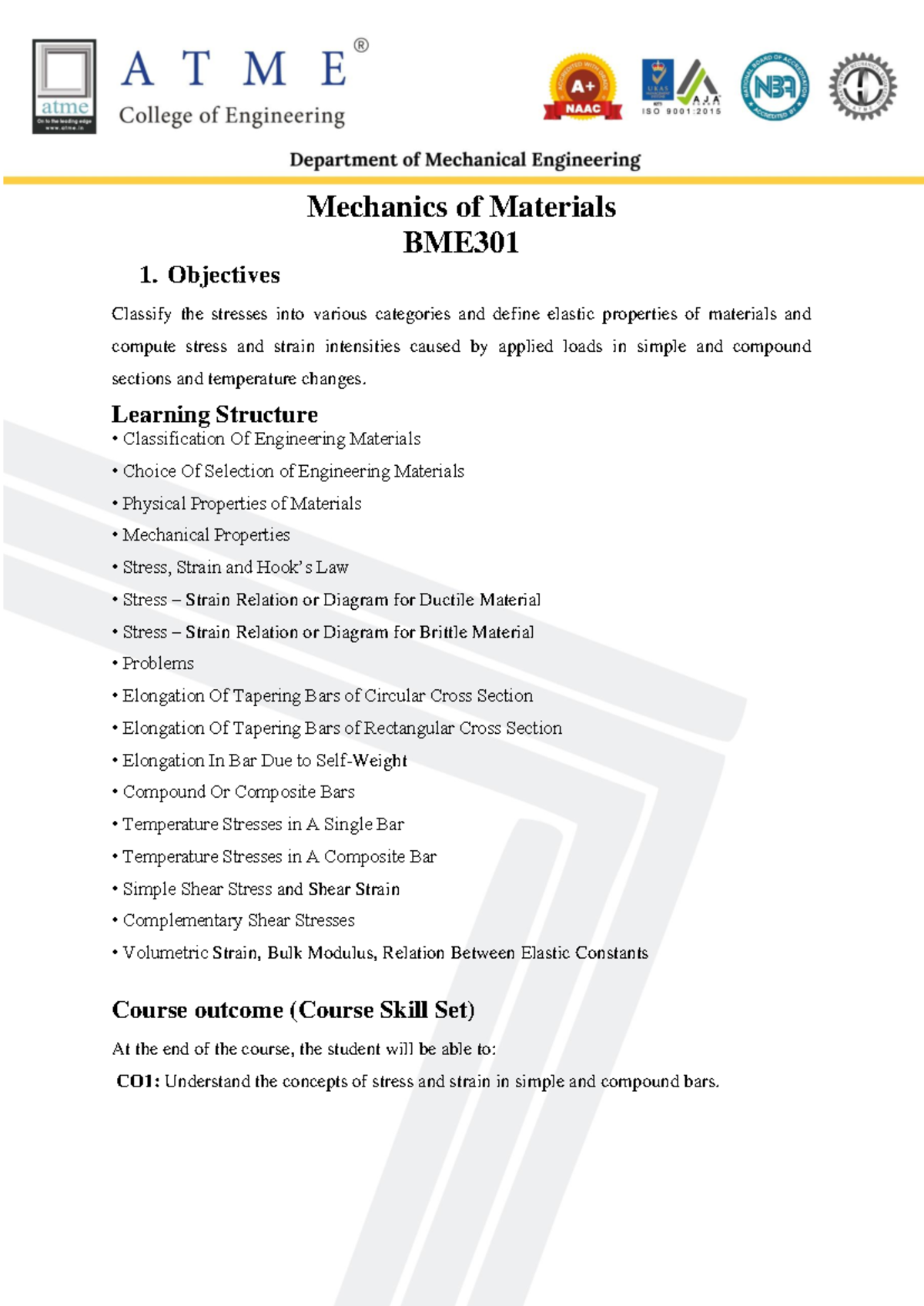 BME301 - Mechanics of Materials: Module 1 Study Notes - Studocu