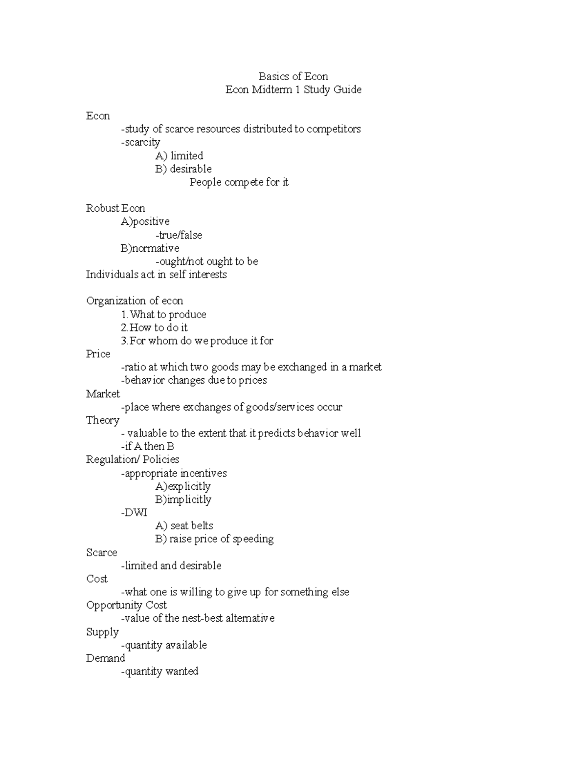 Econ 201 Midterm 1 Study Guide: Basics of Microeconomics Essentials ...