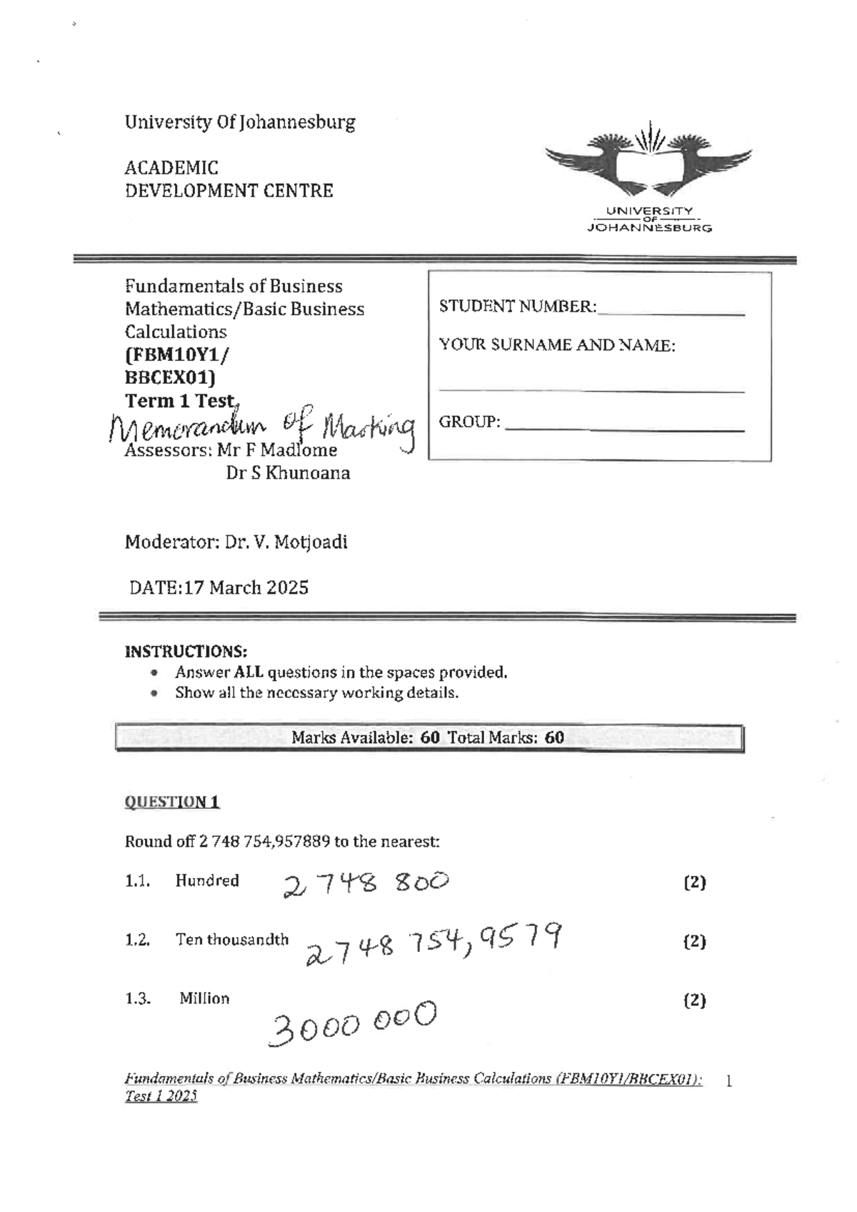 FBM 2025 Test 1 Memorandum: Fundamentals of Business Calculations - Studocu
