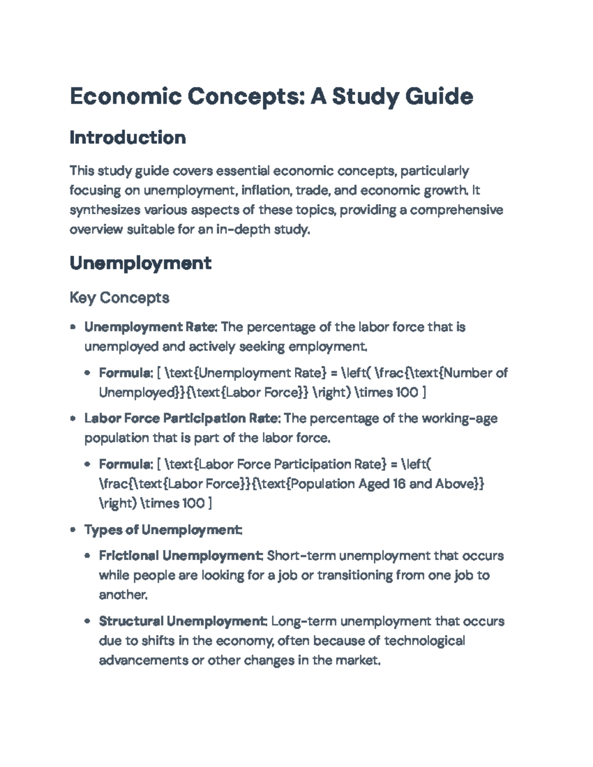 Economic Concepts Study Guide: Unemployment, Inflation, and Trade ...