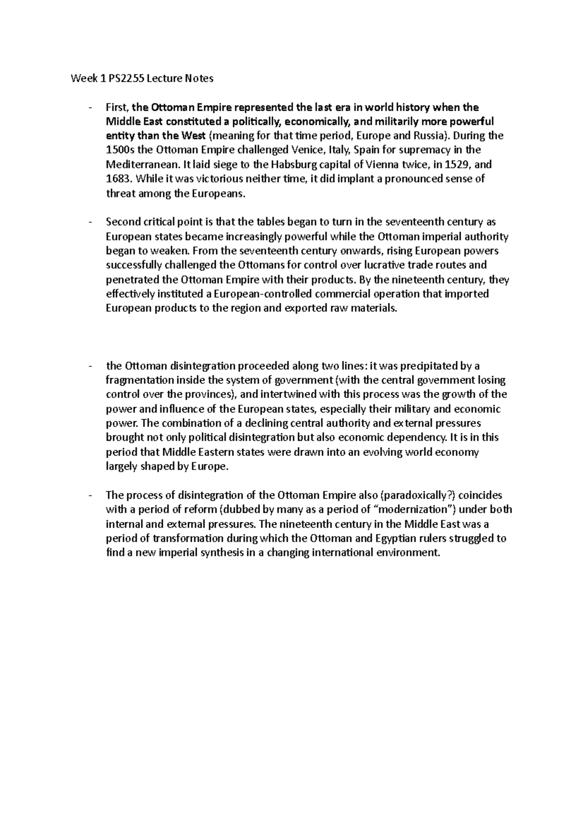 Week 1 PS2255 Lecture Notes: The Ottoman Empire's Decline and Reform ...