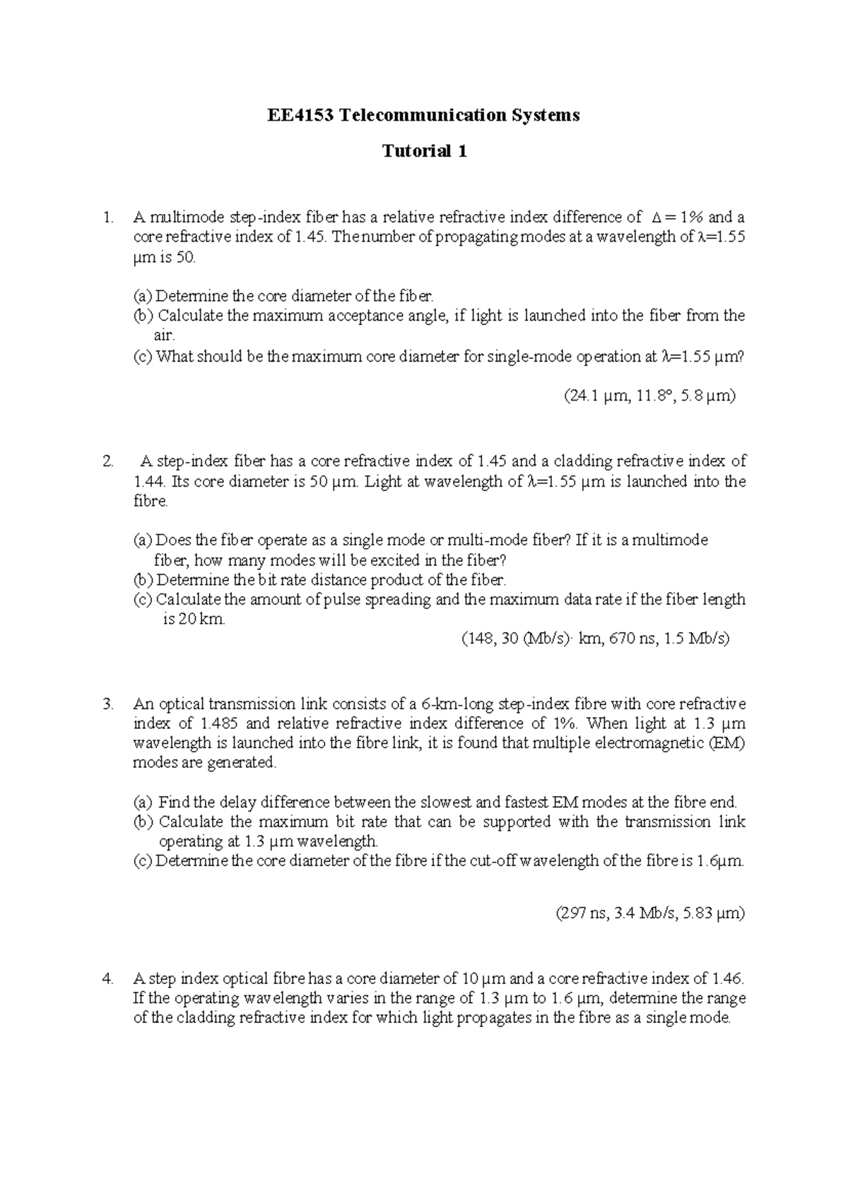 EE4153 Telecommunication Systems-Tutorial 1 2021 - EE4153 ...