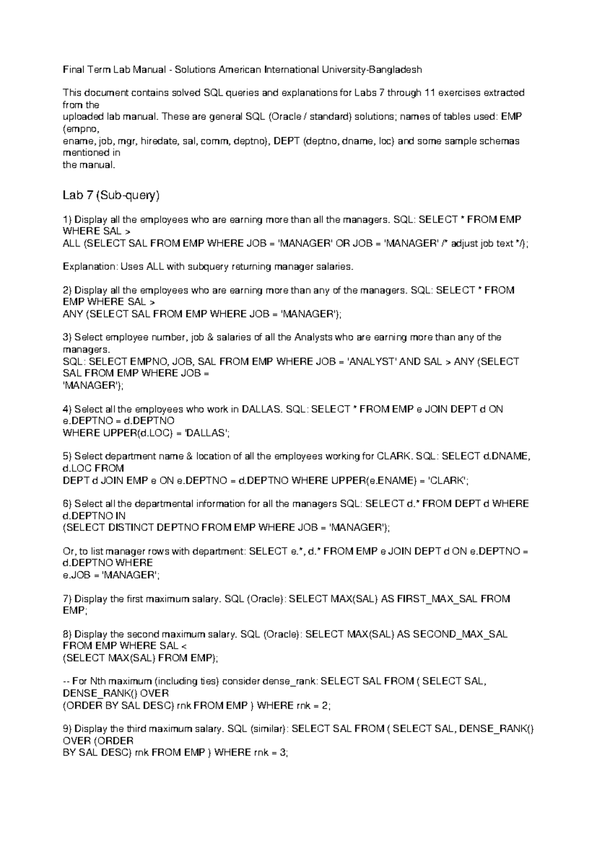 Final Term Lab Manual Solutions for SQL Queries (Labs 7-11) - Studocu