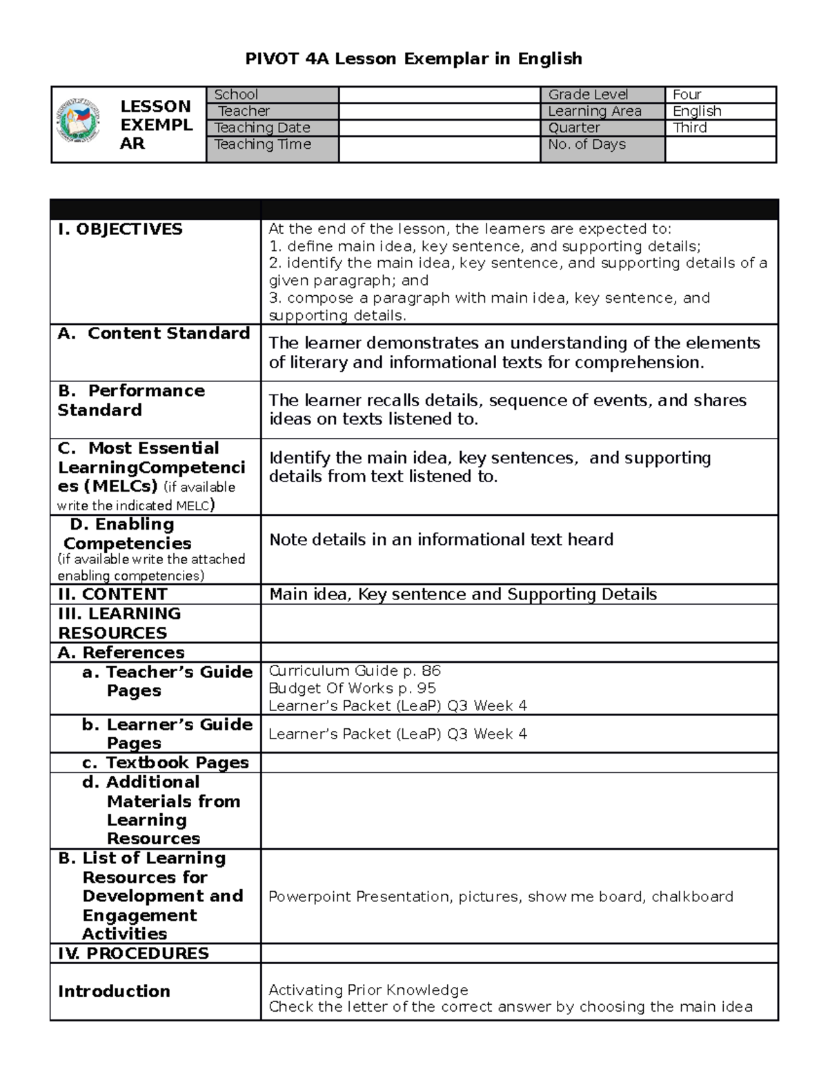LE IN English 4: Main Ideas and Supporting Details Lesson Plan - Studocu