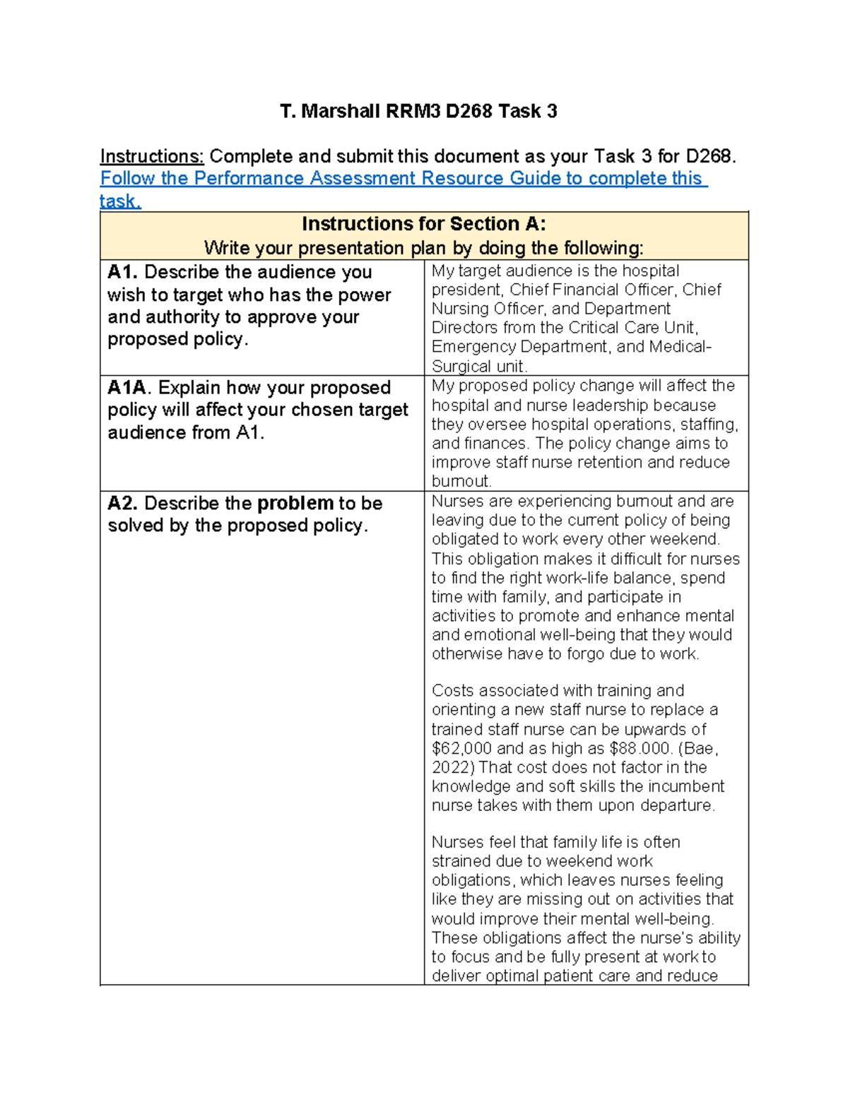 D268 Task 3: Policy Change Proposal for Nurse Retention and Burnout ...