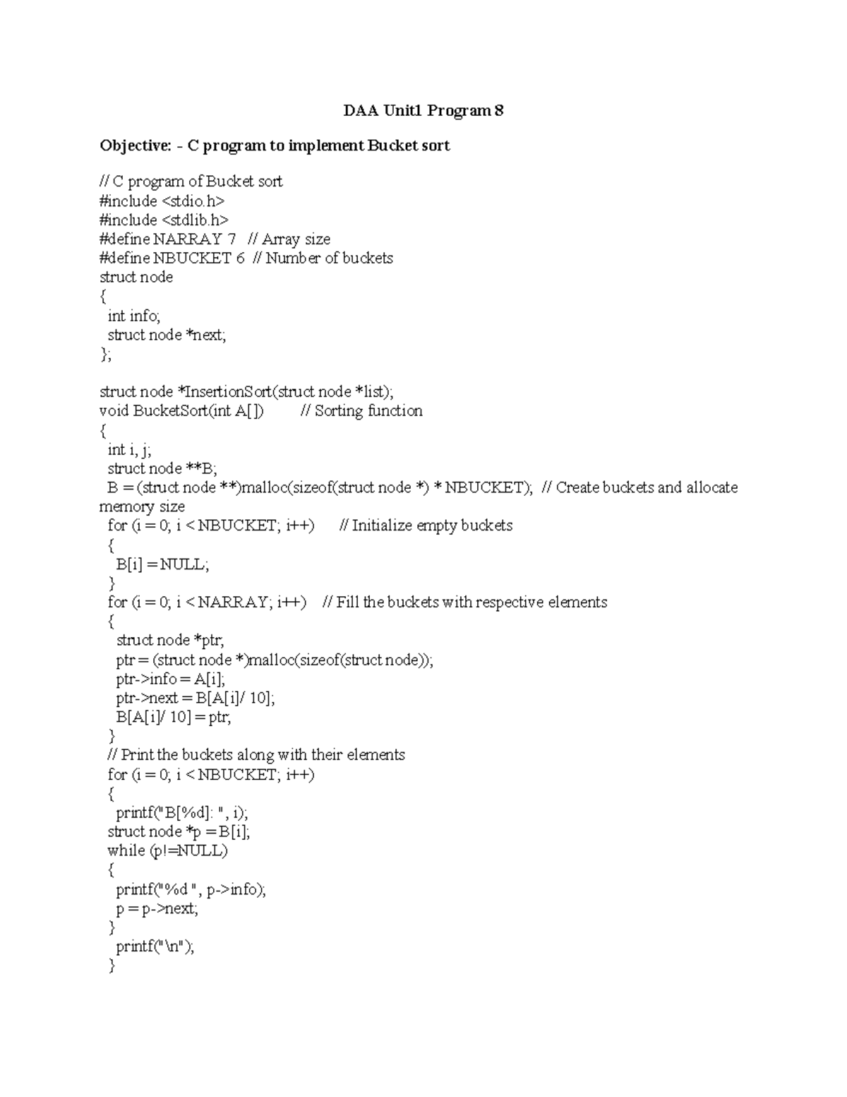 Bucket Sort - ..... - DAA Unit1 Program 8 Objective: - C program to ...