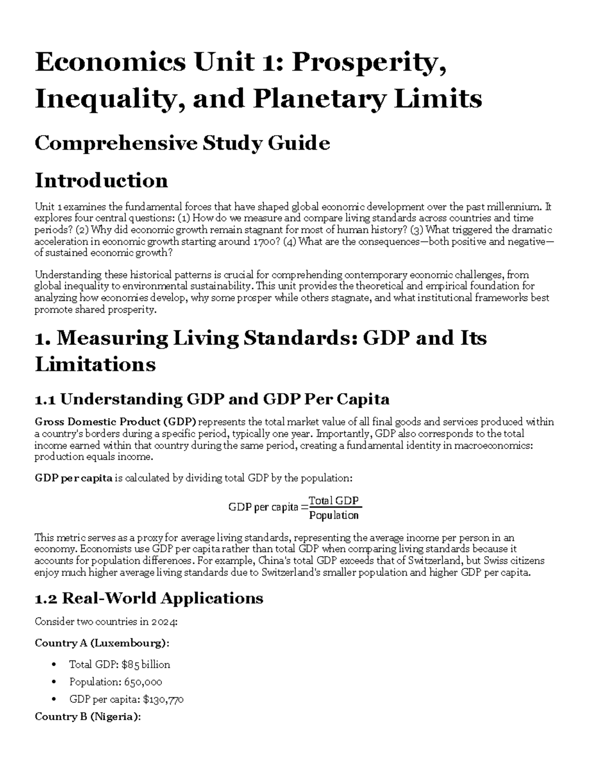Economics Unit 1: Prosperity, Inequality, and Growth - Study Guide ...