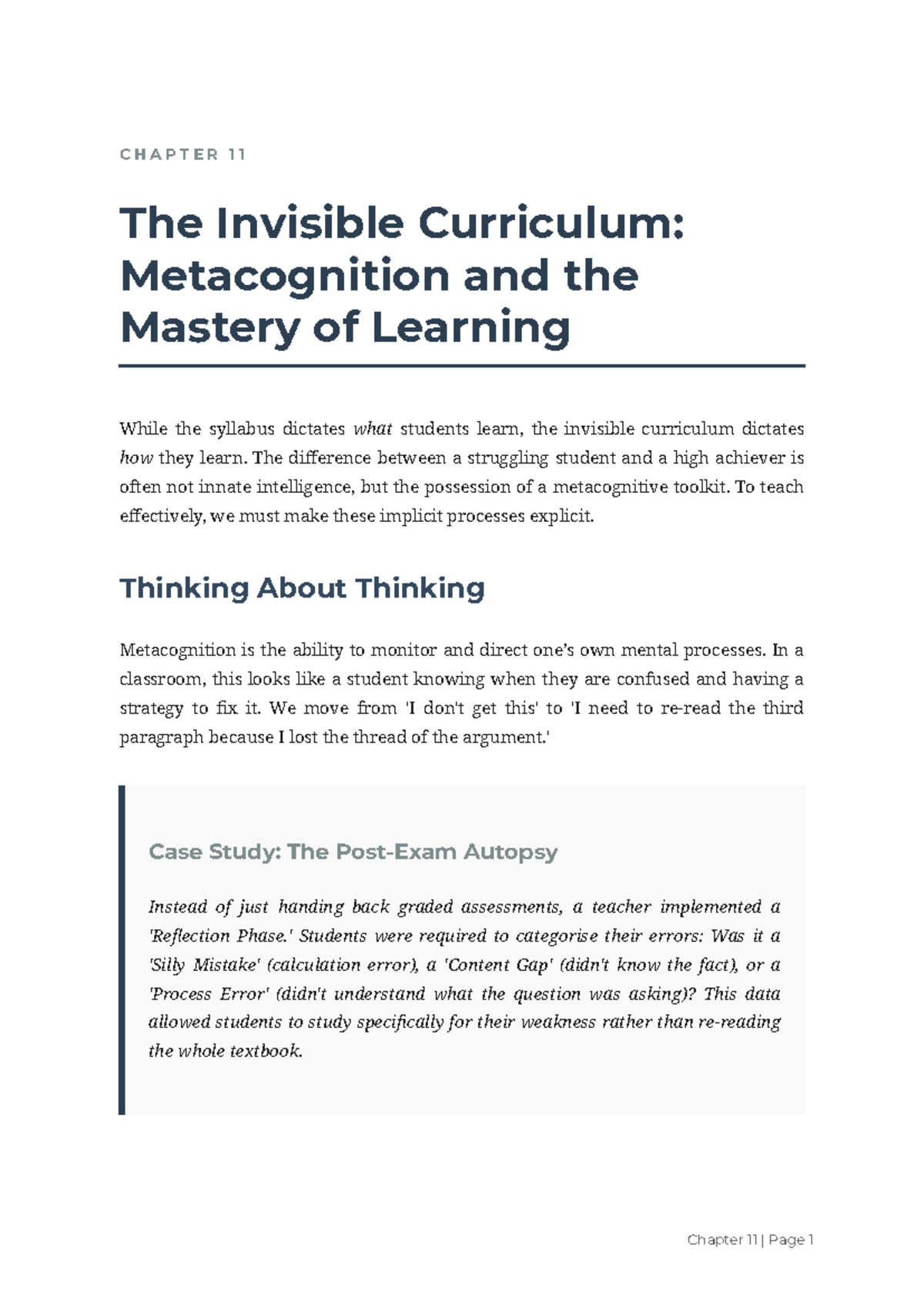 CHAPTER 11: The Invisible Curriculum & Metacognition Mastery - Studocu