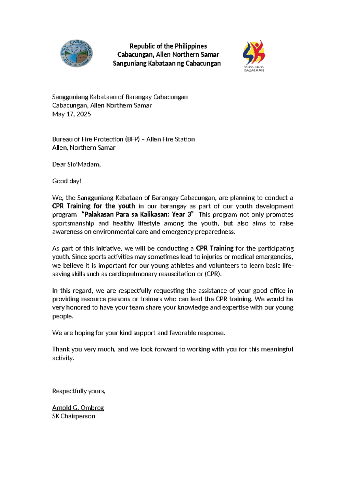 SK CPR Training Request Letter for Youth Development Program - Studocu
