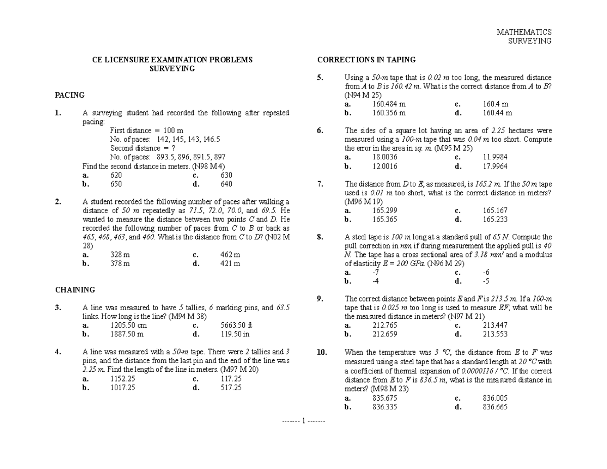 CE Board: Problems in Surveying for Licensure Exam - Studocu