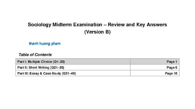 Sociology 101 Midterm Exam Review & Key Answers (Version B) - Studocu